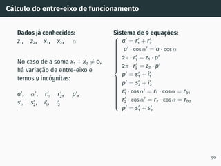 Cálculo do entre-eixo de funcionamento
Dados já conhecidos:
z1, z2, x1, x2, α
No caso de a soma x1 + x2 ̸= 0,
há variação de entre-eixo e
temos 9 incógnitas:
a′
, α′
, r′
1, r′
2, p′
,
s′
1, s′
2, i′
1, i′
2
Sistema de 9 equações:































a′
= r′
1 + r′
2
a′
· cos α′
= a · cos α
2π · r′
1 = z1 · p′
2π · r′
2 = z2 · p′
p′
= s′
1 + i′
1
p′
= s′
2 + i′
2
r′
1 · cos α′
= r1 · cos α = rb1
r′
2 · cos α′
= r2 · cos α = rb2
p′
= s′
1 + s′
2
90
 