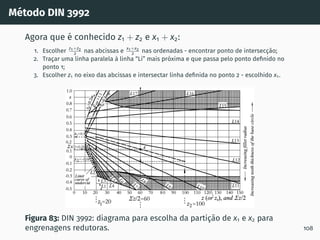 Método DIN 3992
Agora que é conhecido z1 + z2 e x1 + x2:
1. Escolher z1+z2
2 nas abcissas e x1+x2
2 nas ordenadas - encontrar ponto de intersecção;
2. Traçar uma linha paralela à linha “Li” mais próxima e que passa pelo ponto definido no
ponto 1;
3. Escolher z1 no eixo das abcissas e intersectar linha definida no ponto 2 - escolhido x1.
Figura 83: DIN 3992: diagrama para escolha da partição de x1 e x2 para
engrenagens redutoras. 108
 