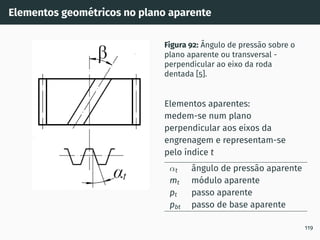 Elementos geométricos no plano aparente
Figura 92: Ângulo de pressão sobre o
plano aparente ou transversal -
perpendicular ao eixo da roda
dentada [5].
Elementos aparentes:
medem-se num plano
perpendicular aos eixos da
engrenagem e representam-se
pelo ı́ndice t
αt ângulo de pressão aparente
mt módulo aparente
pt passo aparente
pbt passo de base aparente
119
 