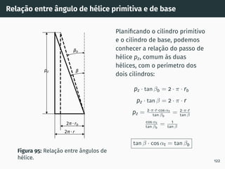 Relação entre ângulo de hélice primitiva e de base
2 r
2 rb
pz
b
Figura 95: Relação entre ângulos de
hélice.
Planificando o cilindro primitivo
e o cilindro de base, podemos
conhecer a relação do passo de
hélice pz, comum às duas
hélices, com o perı́metro dos
dois cilindros:
pz · tan βb = 2 · π · rb
pz · tan β = 2 · π · r
pz = 2·π·r·cos αt
tan βb
= 2·π·r
tan β
cos αt
tan βb
= 1
tan β
tan β · cos αt = tan βb
122
 