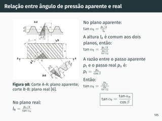 Relação entre ângulo de pressão aparente e real
Figura 98: Corte A-A: plano aparente;
corte B-B: plano real [6].
No plano real:
lk = pn/2
tan αn
No plano aparente:
tan αt = pt/2
lk
A altura lk é comum aos dois
planos, então:
tan αt = pt/2
pn/2
tan αn
A razão entre o passo aparente
pt e o passo real pn é:
pt = pn
cos β
Então:
tan αt =
pn
cos β
pn
tan αn
tan αt =
tan αn
cos β
125
 