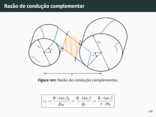 Razão de condução complementar
t
t
B
A
A'
B'
Figura 101: Razão de condução complementar.
ϵβ =
b · tan βb
pbt
=
b · tan β
pt
=
b · tan β
π · mt
128
 