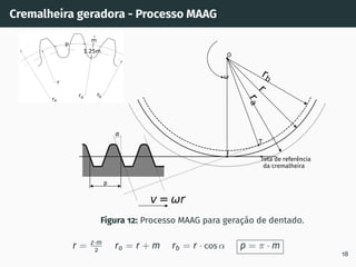 Cremalheira geradora - Processo MAAG
rb
r
r
a
reta de referência
da cremalheira
p
v= r
O
T
I
Figura 12: Processo MAAG para geração de dentado.
r = z·m
2 ra = r + m rb = r · cos α p = π · m
18
 