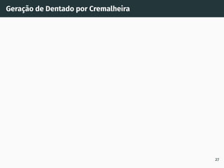 Geração de Dentado por Cremalheira
27
Primitivo (x=0)
Primitvo
Círculo de Base
Roda dentada:
z=20.0
m=2.0
x=0.0
Cremalheira:
=20
ha=1.25
hf=1.0
=0.38
 