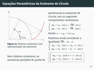 Equações Paramétricas da Evolvente de Cı́rculo
r
b
x
y
M
T
inv M
M
Figura 21: Sistema cartesiano com
representação da evolvente
Num sistema cartesiano, as
sucessivas posições do ponto M,
pertencente à evolvente de
cı́rculo, tem as seguintes
componentes cartesianas:
(
xM = rb · cos ϕ + TM · sin ϕ
yM = rb · sin ϕ − TM · cos ϕ
Sendo ϕ = αM + inv αM
Podemos ainda considerar a
igualdade TM = rb · ϕ:
(
xM = rb · cos ϕ + rb · ϕ · sin ϕ
yM = rb · sin ϕ − rb · ϕ · cos ϕ
(
xM = rb · (cos ϕ + ϕ · sin ϕ)
yM = rb · (sin ϕ − ϕ · cos ϕ)
30
 