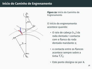 Inı́cio do Caminho de Engrenamento
1
2
T1
T2
O1
O2
I
Figura 29: Inı́cio do Caminho de
Engrenamento
O inı́cio do engrenamento
acontece quando:
• O raio de cabeça (ra1) da
roda dentada 1 contacta
com o flanco da roda
dentada mandante 2;
• o contacto entre os flancos
acontece sempre sobre a
linha T1T2;
• Este ponto designa-se por A.
38
 