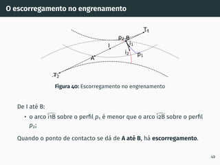 O escorregamento no engrenamento
T1
T2
I i1
i2 p1
p2
A
B
Figura 40: Escorregamento no engrenamento
De I até B:
• o arco

i1B sobre o perfil p1 é menor que o arco

i2B sobre o perfil
p2;
Quando o ponto de contacto se dá de A até B, há escorregamento.
49
 
