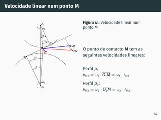 Velocidade linear num ponto M
vM1
vM2
1
2
2
1
T1
T2
O1
O2
M
Figura 41: Velocidade linear num
ponto M
O ponto de contacto M tem as
seguintes velocidades lineares:
Perfil p1:
vM1 = ω1 · O1M = ω1 · rM1
Perfil p2:
vM2 = ω2 · O2M = ω2 · rM2
52
 