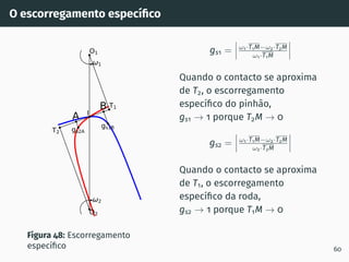 O escorregamento especı́fico
A
B
1
2
gs2A
gs1B
T1
T2
O1
O2
I
Figura 48: Escorregamento
especı́fico
gs1 = ω1·T1M−ω2·T2M
ω1·T1M
Quando o contacto se aproxima
de T2, o escorregamento
especı́fico do pinhão,
gs1 → 1 porque T2M → 0
gs2 = ω1·T1M−ω2·T2M
ω2·T2M
Quando o contacto se aproxima
de T1, o escorregamento
especı́fico da roda,
gs2 → 1 porque T1M → 0
60
 