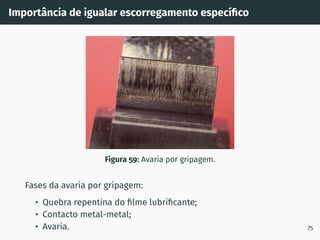 Importância de igualar escorregamento especı́fico
Figura 59: Avaria por gripagem.
Fases da avaria por gripagem:
• Quebra repentina do filme lubrificante;
• Contacto metal-metal;
• Avaria. 75
 