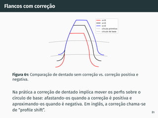 Flancos com correção
x0
x=0
x0
círculo primitivo
círculo de base
Figura 61: Comparação de dentado sem correção vs. correção positiva e
negativa.
Na prática a correção de dentado implica mover os perfis sobre o
cı́rculo de base: afastando-os quando a correção é positiva e
aproximando-os quando é negativa. Em inglês, a correção chama-se
de “profile shift”. 81
 