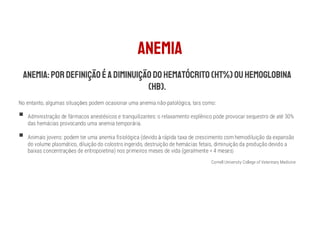 No entanto, algumas situações podem ocasionar uma anemia não-patológica, tais como:
§ Administração de fármacos anestésicos e tranquilizantes: o relaxamento esplênico pode provocar sequestro de até 30%
das hemácias provocando uma anemia temporária.
§ Animais jovens: podem ter uma anemia fisiológica (devido à rápida taxa de crescimento com hemodiluição da expansão
do volume plasmático, diluição do colostro ingerido, destruição de hemácias fetais, diminuição da produção devido a
baixas concentrações de eritropoietina) nos primeiros meses de vida (geralmente < 4 meses)
Cornell University College of Veterinary Medicine
 