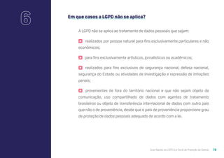 Guia Rápido da LGPD (Lei Geral de Proteção de Dados) 15
Em que casos a LGPD não se aplica?
A LGPD não se aplica ao tratamento de dados pessoais que sejam:
❎ realizados por pessoa natural para fins exclusivamente particulares e não
econômicos;
❎ para fins exclusivamente artísticos, jornalísticos ou acadêmicos;
❎ realizados para fins exclusivos de segurança nacional, defesa nacional,
segurança do Estado ou atividades de investigação e repressão de infrações
penais;
❎ provenientes de fora do território nacional e que não sejam objeto de
comunicação, uso compartilhado de dados com agentes de tratamento
brasileiros ou objeto de transferência internacional de dados com outro país
que não o de proveniência, desde que o país de proveniência proporcione grau
de proteção de dados pessoais adequado de acordo com a lei.
6
 