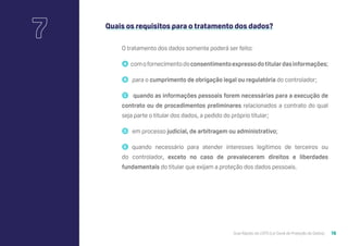 Guia Rápido da LGPD (Lei Geral de Proteção de Dados) 16
Quais os requisitos para o tratamento dos dados?
O tratamento dos dados somente poderá ser feito:
🇦 comofornecimentodoconsentimentoexpressodotitulardasinformações;
🇧 para o cumprimento de obrigação legal ou regulatória do controlador;
🇨 quando as informações pessoais forem necessárias para a execução de
contrato ou de procedimentos preliminares relacionados a contrato do qual
seja parte o titular dos dados, a pedido do próprio titular;
🇩 em processo judicial, de arbitragem ou administrativo;
🇪 quando necessário para atender interesses legítimos de terceiros ou
do controlador, exceto no caso de prevalecerem direitos e liberdades
fundamentais do titular que exijam a proteção dos dados pessoais.
7
 