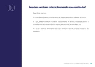 Guia Rápido da LGPD (Lei Geral de Proteção de Dados) 21
Quando os agentes de tratamento não serão responsabilizados?
Quando provarem:
I - que não realizaram o tratamento de dados pessoais que lhes é atribuído;
II - que, embora tenham realizado o tratamento de dados pessoais que lhes é
atribuído, não houve violação à legislação de proteção de dados; ou
III - que o dano é decorrente de culpa exclusiva do titular dos dados ou de
terceiros.
10
 