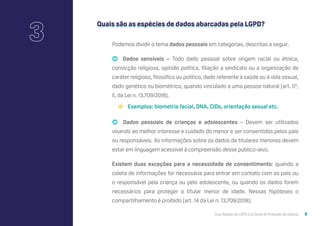 Guia Rápido da LGPD (Lei Geral de Proteção de Dados) 9
Quais são as espécies de dados abarcadas pela LGPD?
Podemos dividir o tema dados pessoais em categorias, descritas a seguir.
➡ Dados sensíveis – Todo dado pessoal sobre origem racial ou étnica,
convicção religiosa, opinião política, filiação a sindicato ou a organização de
caráter religioso, filosófico ou político, dado referente à saúde ou à vida sexual,
dado genético ou biométrico, quando vinculado a uma pessoa natural (art. 5º,
II, da Lei n. 13.709/2018).
👉 Exemplos: biometria facial, DNA, CIDs, orientação sexual etc.
➡ Dados pessoais de crianças e adolescentes – Devem ser utilizados
visando ao melhor interesse e cuidado do menor e ser consentidos pelos pais
ou responsáveis. As informações sobre os dados de titulares menores devem
estar em linguagem acessível à compreensão desse público-alvo.
Existem duas exceções para a necessidade de consentimento: quando a
coleta de informações for necessária para entrar em contato com os pais ou
o responsável pela criança ou pelo adolescente, ou quando os dados forem
necessários para proteger o titular menor de idade. Nessas hipóteses o
compartilhamento é proibido (art. 14 da Lei n. 13.709/2018).
3
 