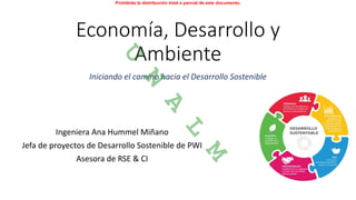 Economía, Desarrollo y
Ambiente
Iniciando el camino hacia el Desarrollo Sostenible
Ingeniera Ana Hummel Miñano
Jefa de proyectos de Desarrollo Sostenible de PWI
Asesora de RSE & CI
Prohibida la distribución total o parcial de este documento.
U
N
A
L
M
 