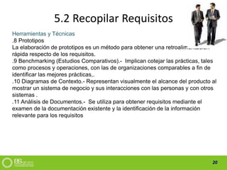 20
5.2 Recopilar Requisitos
Herramientas y Técnicas
.8 Prototipos
La elaboración de prototipos es un método para obtener una retroalimentación
rápida respecto de los requisitos.
.9 Benchmarking (Estudios Comparativos).- Implican cotejar las prácticas, tales
como procesos y operaciones, con las de organizaciones comparables a fin de
identificar las mejores prácticas,.
.10 Diagramas de Contexto.- Representan visualmente el alcance del producto al
mostrar un sistema de negocio y sus interacciones con las personas y con otros
sistemas .
.11 Análisis de Documentos.- Se utiliza para obtener requisitos mediante el
examen de la documentación existente y la identificación de la información
relevante para los requisitos
 
