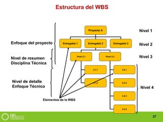 37
Estructura del WBS
Proyecto A
Entregable 1 Entregable 2 Entregable 3
Parte 2.1 Parte 2.2
2.2.1
2.2.2
2.2.3
2.2.4
2.1.1
2.1.2
Elementos de la WBS
Enfoque del proyecto
Nivel de resumen
Disciplina Técnica
Nivel de detalle
Enfoque Técnico
Nivel 1
Nivel 2
Nivel 3
Nivel 4
 