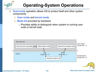 1.28 Silberschatz, Galvin and Gagne ©2018
Operating System Concepts – 10th Edition
Operating-System Operations
Dual-mode operation allows OS to protect itself and other system
components
User mode and kernel mode
Mode bit provided by hardware
 Provides ability to distinguish when system is running user
code or kernel code
 