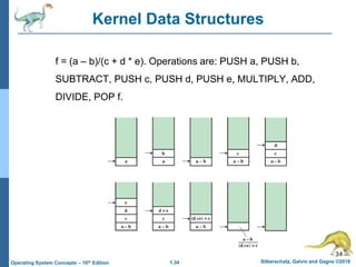 1.34 Silberschatz, Galvin and Gagne ©2018
Operating System Concepts – 10th Edition
f = (a – b)/(c + d * e). Operations are: PUSH a, PUSH b,
SUBTRACT, PUSH c, PUSH d, PUSH e, MULTIPLY, ADD,
DIVIDE, POP f.
34
Kernel Data Structures
 