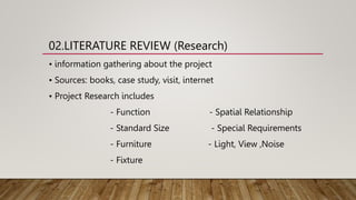 02.LITERATURE REVIEW (Research)
• information gathering about the project
• Sources: books, case study, visit, internet
• Project Research includes
- Function - Spatial Relationship
- Standard Size - Special Requirements
- Furniture - Light, View ,Noise
- Fixture
 