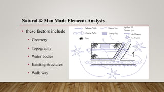 Natural & Man Made Elements Analysis
• these factors include
• Greenery
• Topography
• Water bodies
• Existing structures
• Walk way
 