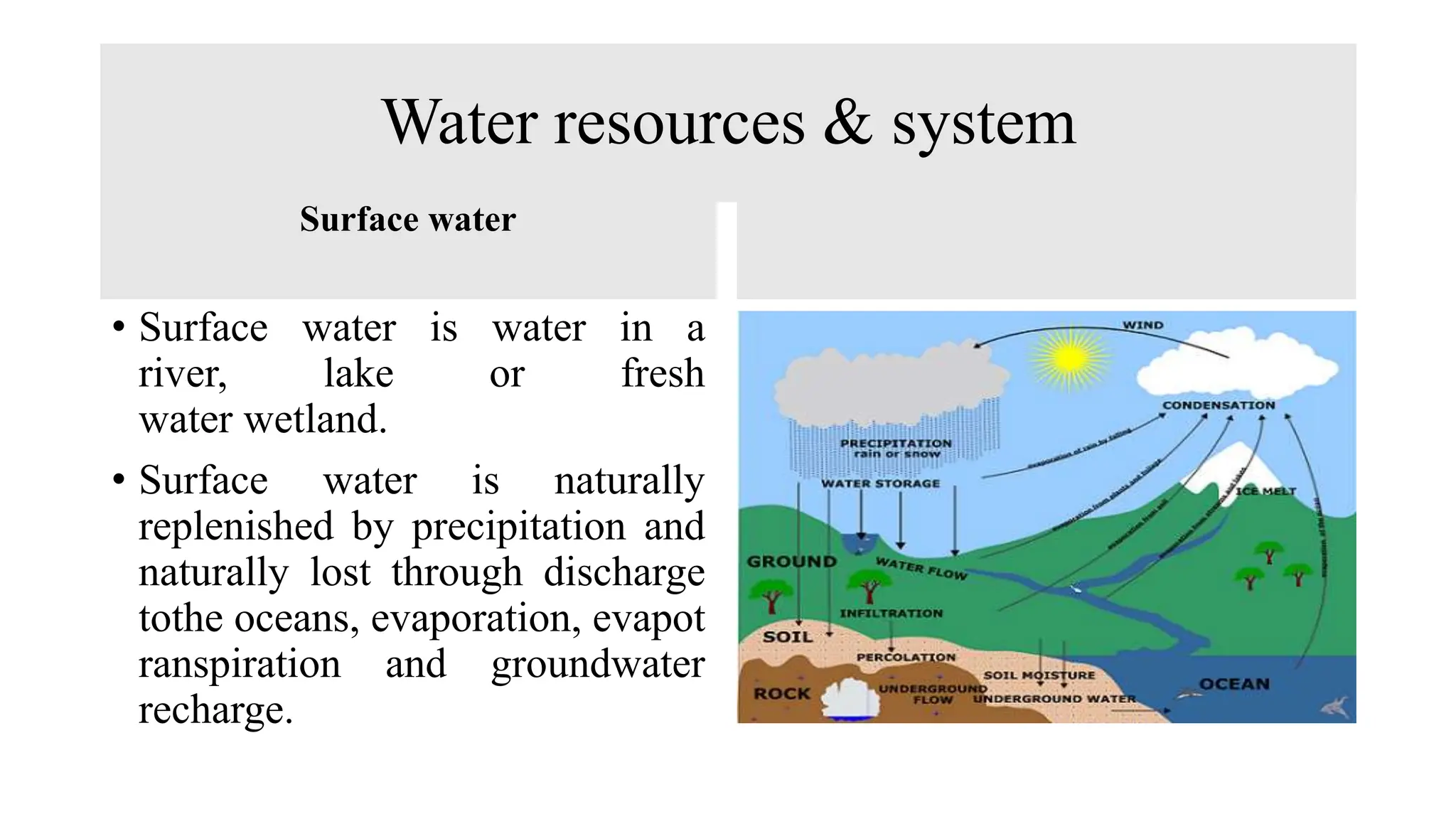 Water resources & system
Surface water
• Surface water is water in a
river, lake or fresh
water wetland.
• Surface water is naturally
replenished by precipitation and
naturally lost through discharge
tothe oceans, evaporation, evapot
ranspiration and groundwater
recharge.
 