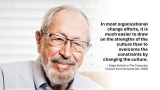 In most organizational
change efforts, it is
much easier to draw
on the strengths of the
culture than to
overcome the
constraints by
changing the culture.
- Edgar Schein in The Corporate
Culture Survival Guide (ed. 2009)
 