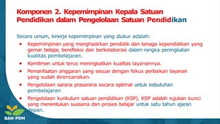 Komponen 2. Kepemimpinan Kepala Satuan
Pendidikan dalam Pengelolaan Satuan Pendidikan
Secara umum, kinerja kepemimpinan yang diukur adalah:
● Kepemimpinan yang menghadirkan pendidik dan tenaga kependidikan yang
gemar belajar
, berefleksi dan berkolaborasi dalam rangka peningkatan
kualitas pembelajaran.
● Komitmen untuk terus meningkatkan kualitas layanannya.
● Pemanfaatan anggaran yang sesuai dengan fokus perbaikan layanan
yang sudah direncanakan.
● Pengelolaan sarana prasarana secara optimal untuk kebutuhan
pembelajaran
● Pengelolaan kurikulum satuan pendidikan (KSP). KSP adalah rujukan kunci
yang menentukan suasana dan proses belajar untuk satu tahun ajaran
depan.
 