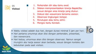 1. Perkenalan diri atau temu awal.
2. Silakan mempresentasikan kinerja Bapak/Ibu
sesuai dengan area kinerja yang diukur.
3. Diskusi dan wawancara bersama asesor.
4. Observasi lingkungan belajar.
5. Penutupan atau temu akhir.
6. Mengisi Kartu Kendali.
05
Visitasi
● Waktu visitasi adalah dua hari, dengan durasi minimal 5 jam per hari.
● Hari pertama umumnya akan diisi dengan perkenalan, presentasi,
dan wawancara.
● Hari kedua, umumnya akan diisi dengan observasi. Namun sangat
mungkin alur kerja asesor akan berbeda, sesuai dengan konteks dan
kebutuhan pada saat visitasi.
 