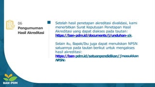 06
Pengumuman
Hasil Akreditasi
Setelah hasil penetapan akreditasi divalidasi, kami
menerbitkan Surat Keputusan Penetapan Hasil
Akreditasi yang dapat diakses pada tautan:
https://ban-pdm.id/documents/j/unduhan-sk.
Selain itu, Bapak/Ibu juga dapat menuliskan NPSN
satuannya pada tautan berikut untuk mengakses
hasil akreditasi:
https://ban-pdm.id/satuanpendidikan/[masukkan
N
P
S
N
 