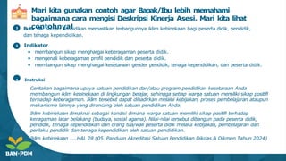 Mari kita gunakan contoh agar Bapak/Ibu lebih memahami
bagaimana cara mengisi Deskripsi Kinerja Asesi. Mari kita lihat
contohnya!
Butir 10. Satuan pendidikan memastikan terbangunnya iklim kebinekaan bagi peserta didik, pendidik,
dan tenaga kependidikan.
1
2 Indikator
● membangun sikap menghargai keberagaman peserta didik.
● mengenali keberagaman profil pendidik dan peserta didik.
● membangun sikap menghargai kesetaraan gender pendidik, tenaga kependidikan, dan peserta didik.
3 Instruksi
Ceritakan bagaimana upaya satuan pendidikan dan/atau program pendidikan kesetaraan Anda
membangun iklim kebinekaan di lingkungan belajar, sehingga setiap warga satuan memiliki sikap positifi
terhadap keberagaman. Iklim tersebut dapat dihadirkan melalui kebijakan, proses pembelajaran ataupun
mekanisme lainnya yang dirancang oleh satuan pendidikan Anda.
Iklim kebinekaan dimaknai sebagai kondisi dimana warga satuan memiliki sikap positifi terhadap
keragaman latar belakang (budaya, sosial agama). Nilai-nilai tersebut dibangun pada peserta didik,
pendidik, tenaga kependidikan dan orang tua/wali peserta didik melalui kebijakan, pembelajaran dan
perilaku pendidik dan tenaga kependidikan oleh satuan pendidikan.
Iklim kebinekaan …..HAL 28 (05. Panduan Akreditasi Satuan Pendidikan Dikdas & Dikmen Tahun 2024)
 
