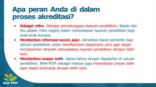 Apa peran Anda di dalam
proses akreditasi?
● Sebagai mitra. Sebagai penyelenggara layanan pendidikan, Bapak dan
Ibu adalah mitra negara dalam menyediakan layanan pendidikan bagi
anak-anak bangsa.
● Memberikan informasi secara jujur. Akreditasi ibarat pemantik bagi
satuan pendidikan untuk merefleksikan bagaimana cara agar dapat
menjalankan amanah menyediakan layanan pendidikan dengan lebih
baik.
● Memberikan umpan balik. Sama halnya dengan Bapak/Ibu di satuan
pendidikan, BAN-PDM sebagai institusi juga memerlukan umpan balik
agar dapat berkinerja dengan lebih baik.
 