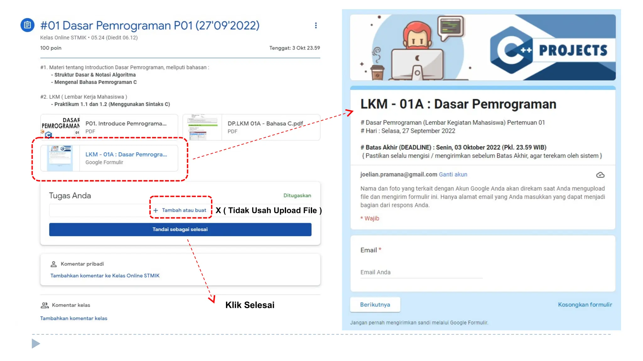 X ( Tidak Usah Upload File )
Klik Selesai
 