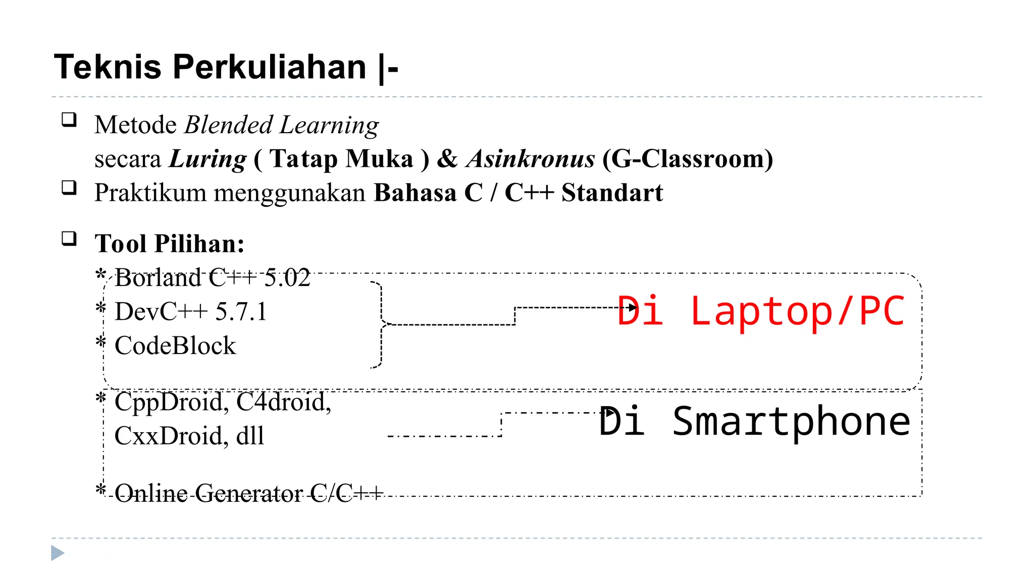  Metode Blended Learning
secara Luring ( Tatap Muka ) & Asinkronus (G-Classroom)
 Praktikum menggunakan Bahasa C / C++ Standart
 Tool Pilihan:
* Borland C++ 5.02
* DevC++ 5.7.1
* CodeBlock
* CppDroid, C4droid,
CxxDroid, dll
* Online Generator C/C++
Di Laptop/PC
Di Smartphone
Teknis Perkuliahan |-
 