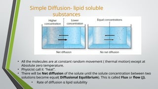 Simple Diffusion- lipid soluble
substances
• All the molecules are at constant random movement ( thermal motion) except at
Absolute zero temperature.
• Physicist call it “heat”.
• There will be Net diffusion of the solute until the solute concentration between two
solutions become equal( Diffusional Equilibrium). This is called Flux or flow (J).
• Rate of diffusion α lipid solubility
 