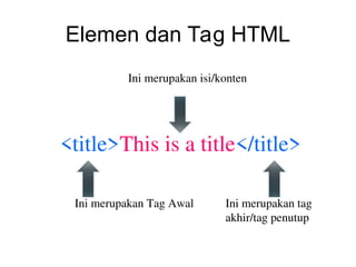<title>This is a title</title>
Ini merupakan Tag Awal Ini merupakan tag
akhir/tag penutup
Ini merupakan isi/konten
Elemen dan Tag HTML
 