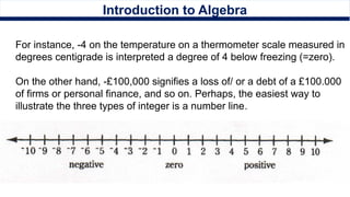 Introduction to Algebra
For instance, -4 on the temperature on a thermometer scale measured in
degrees centigrade is interpreted a degree of 4 below freezing (=zero).
On the other hand, -£100,000 signifies a loss of/ or a debt of a £100.000
of firms or personal finance, and so on. Perhaps, the easiest way to
illustrate the three types of integer is a number line.
 