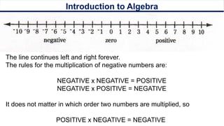 Introduction to Algebra
The line continues left and right forever.
The rules for the multiplication of negative numbers are:
NEGATIVE x NEGATIVE = POSITIVE
NEGATIVE x POSITIVE = NEGATIVE
It does not matter in which order two numbers are multiplied, so
POSITIVE x NEGATIVE = NEGATIVE
 