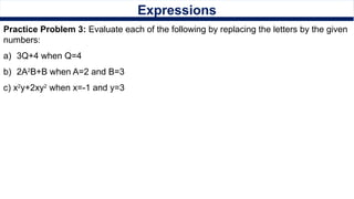 Expressions
Practice Problem 3: Evaluate each of the following by replacing the letters by the given
numbers:
a) 3Q+4 when Q=4
b) 2A2
B+B when A=2 and B=3
c) x2
y+2xy2
when x=-1 and y=3
 