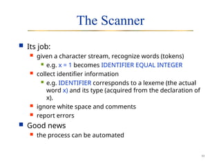 11
The Scanner
 Its job:
 given a character stream, recognize words (tokens)
 e.g. x = 1 becomes IDENTIFIER EQUAL INTEGER
 collect identifier information
 e.g. IDENTIFIER corresponds to a lexeme (the actual
word x) and its type (acquired from the declaration of
x).
 ignore white space and comments
 report errors
 Good news
 the process can be automated
 