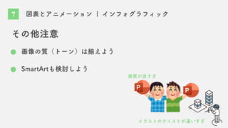 図表とアニメーション | インフォグラフィック
その他注意
画像の質（トーン）は揃えよう
画質が良すぎ
イラストのテイストが違いすぎ
SmartArtも検討しよう
7
 