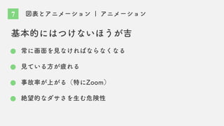 図表とアニメーション | アニメーション
基本的にはつけないほうが吉
常に画面を見なければならなくなる
見ている方が疲れる
事故率が上がる（特にZoom）
絶望的なダサさを生む危険性
7
 