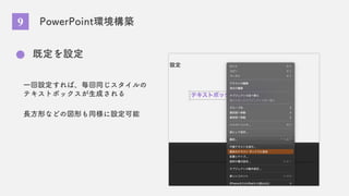 PowerPoint環境構築
既定を設定
一回設定すれば、毎回同じスタイルの
テキストボックスが生成される
長方形などの図形も同様に設定可能
9
 