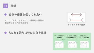 10 付録
自分の感覚を信じても良い
人には「錯覚」もあるので、最終的な調整は
数値ではなく人間の感覚で
Rのある図形は特に余白を意識
ミュラーリヤー効果
 