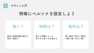 1 デザイン入門
明確にペルソナを設定しよう
誰に？ 時間は？ 場所は？
使える時間によって
許される詳しさは変わる
相手の背景知識の量は？
学生？教員？
暗い場所？明るい場所？
お固い場？ゆるい場？
 