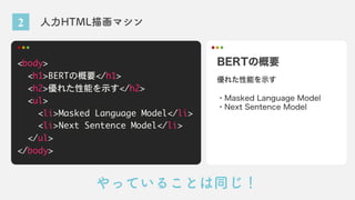 2 人力HTML描画マシン
<body>
<h1>BERTの概要</h1>
<h2>優れた性能を示す</h2>
<ul>
<li>Masked Language Model</li>
<li>Next Sentence Model</li>
</ul>
</body>
BERTの概要
優れた性能を示す
・Masked Language Model
・Next Sentence Model
やっていることは同じ！
 