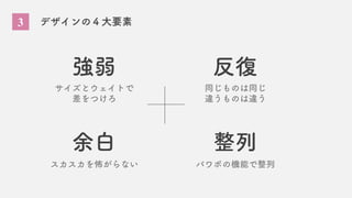 3 デザインの４大要素
余白 整列
反復
強弱
サイズとウェイトで
差をつけろ
同じものは同じ
違うものは違う
スカスカを怖がらない パワポの機能で整列
 
