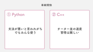 単純明快
① Python ② C++
文法が悪いと言われがち
でもみんな使う
チーター並の速度
習得は難しい
 
